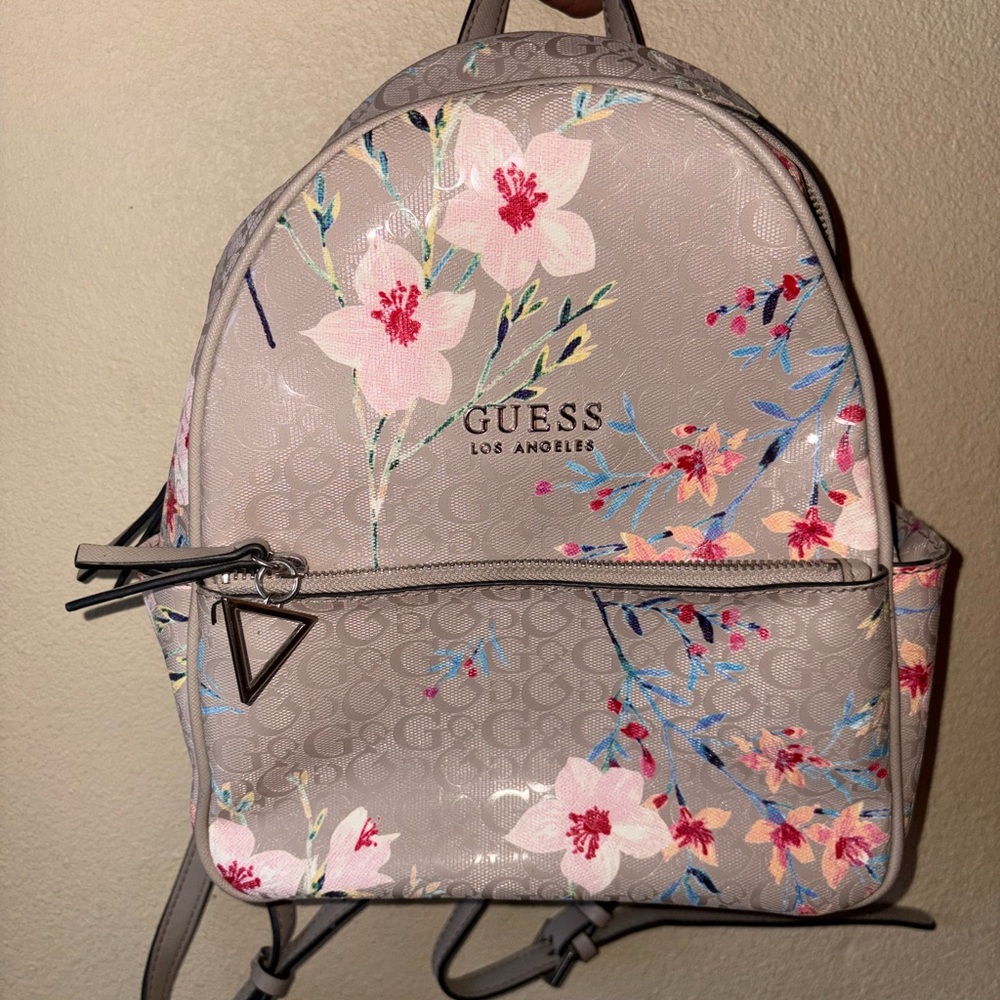 Guess Gray Floral Backpack with Silver Accents